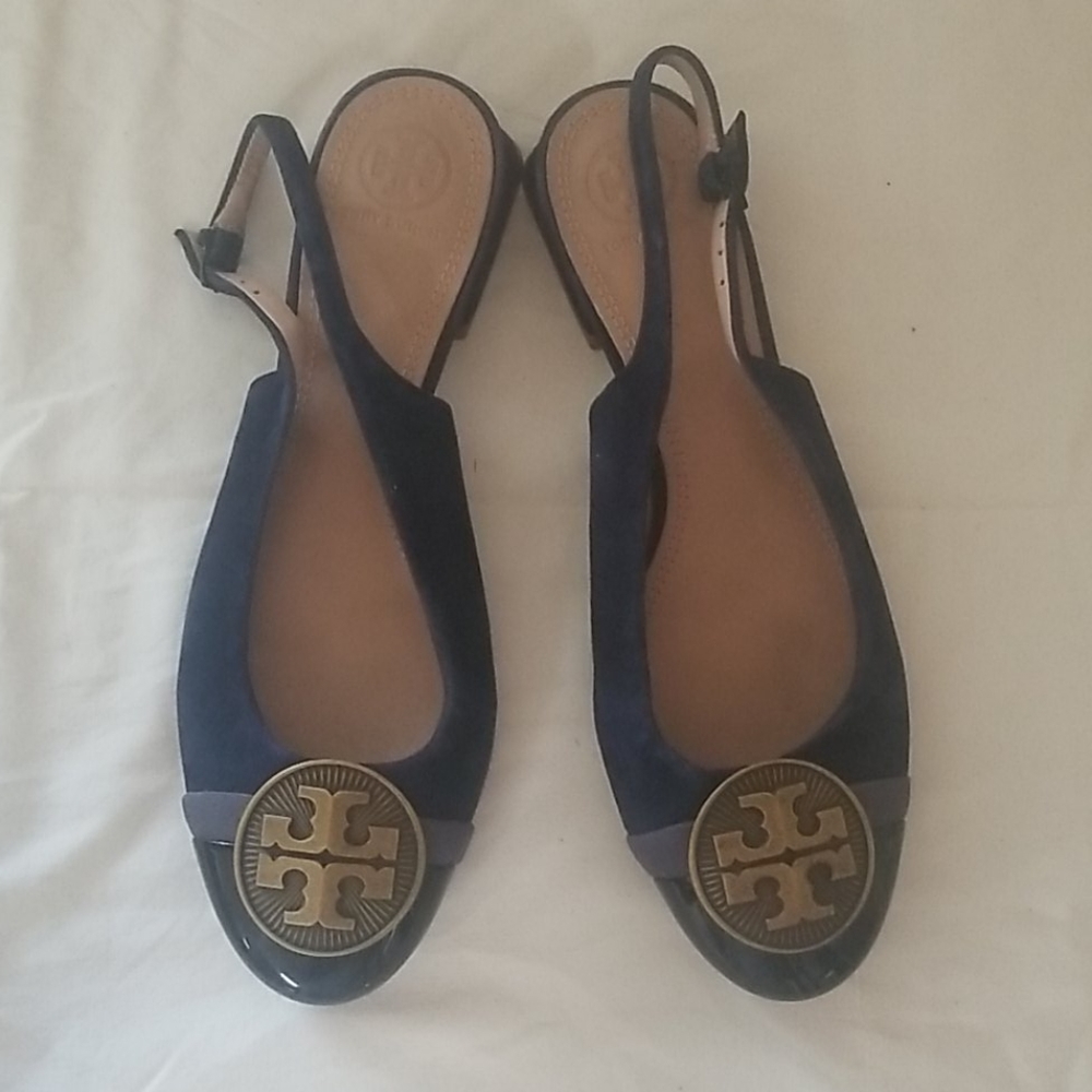 Tory Burch Logo Blue Suede Flats